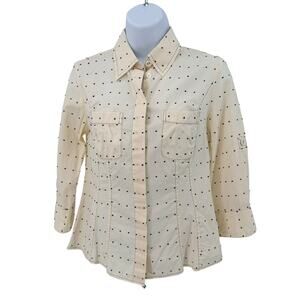 Ann Taylor Cream/Black Dot Button Up Shirt Blouse Womens Petite 4P 3/4 Sleeve